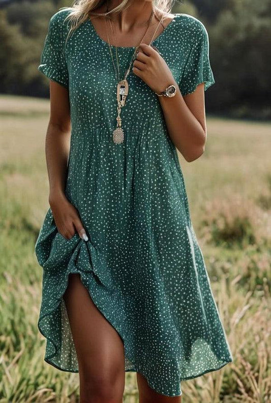 Robe midi verte chic à pois et manches courtes