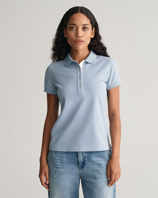 Polo piqué à col contrasté pour femme - BLEU TOURTERELLE