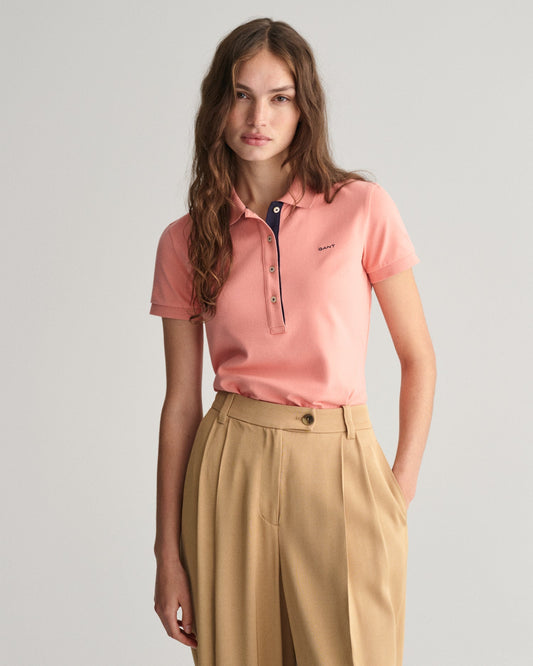 Polo piqué à col contrasté pour femme - ROSE PÊCHE
