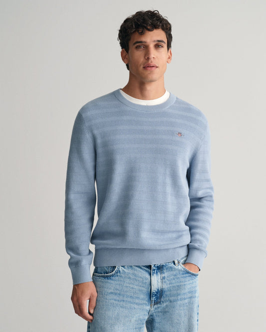 Pull ras du cou rayé en coton texturé pour homme - BLEU TOURTERELLE