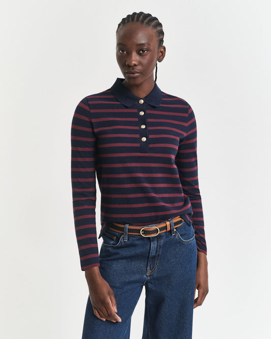 Breton Striped Long Sleeve Piqué Polo Shirt