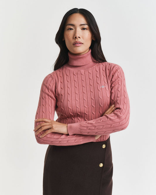 Stretch Cotton Cable Knit Turtleneck Sweater