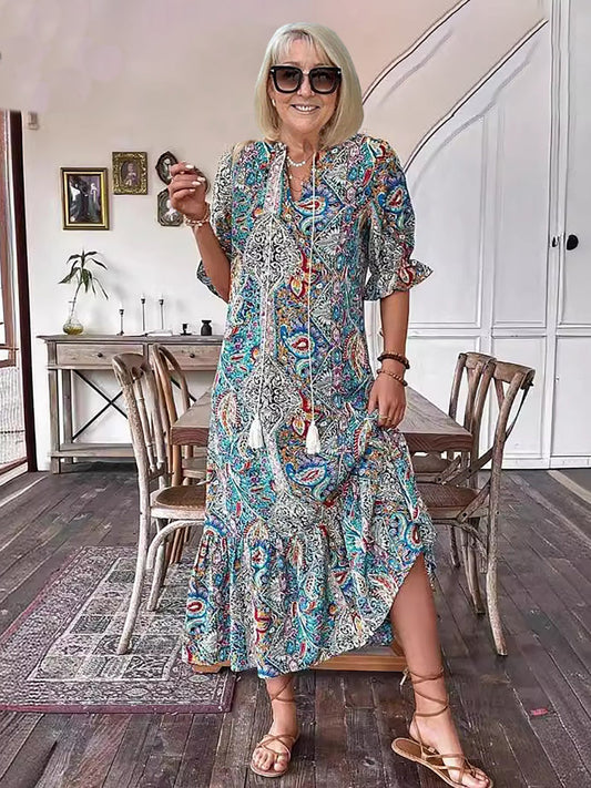 Paisley Bohemian Long Length Vintage Print Tassel Tie Neck Tunic Dress - Elegant Vacation Style with Drawstring, Ruffle Hem, and Random Printing