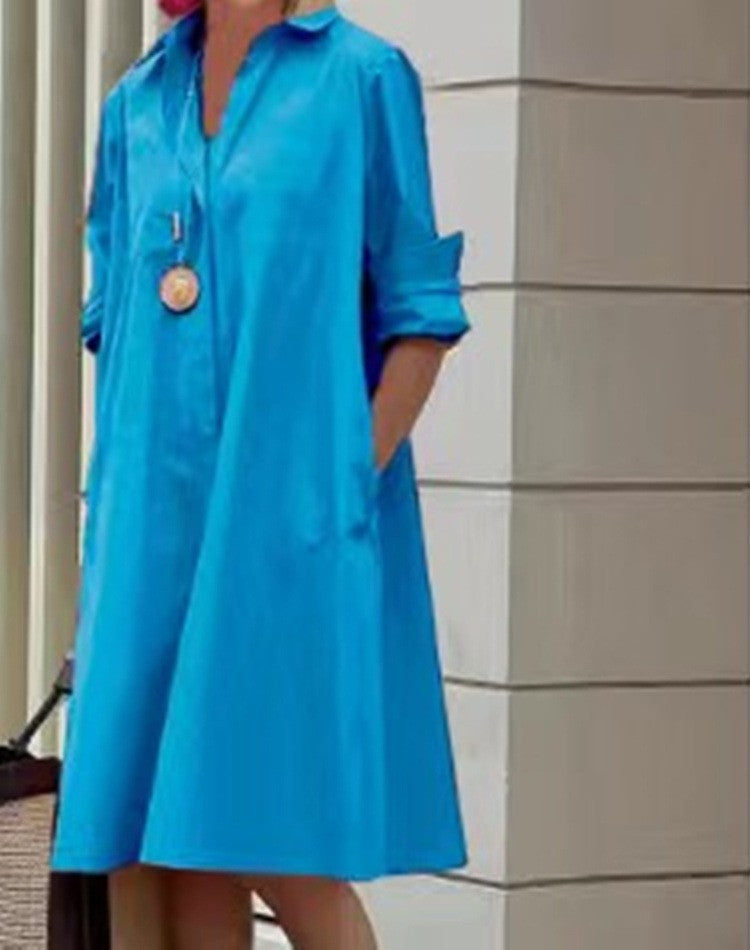 Robe mi-longue à manches longues et col chemise pour femme, nouvelle collection été 2025, avec poches 