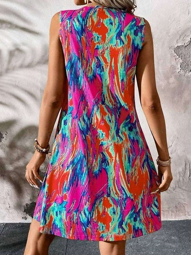 Women's Tank Dress Tie Dye Pleated Square Neck Mini Dress Stylish Casual Daily Vacation Sleeveless Summer
