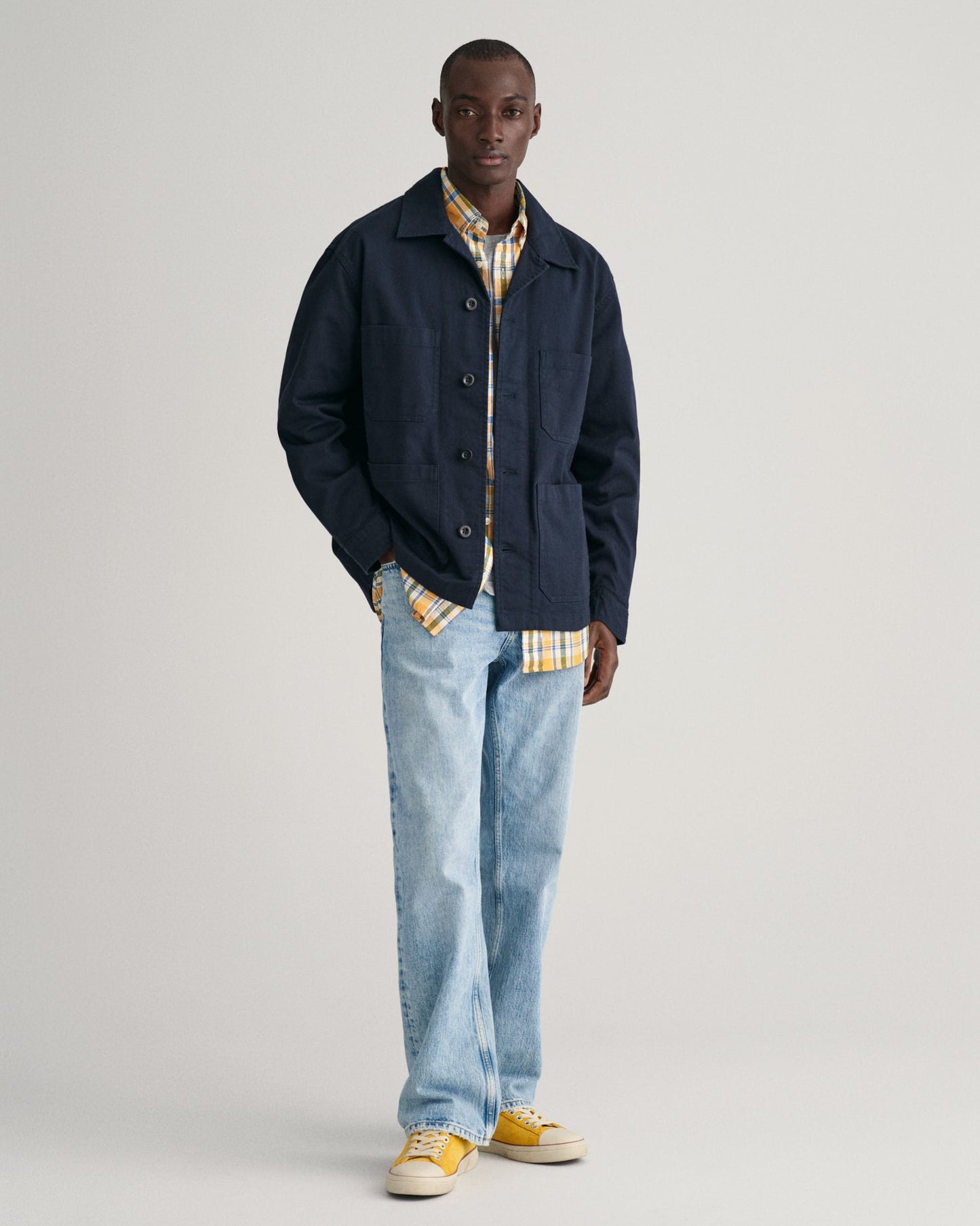 Kariertes Baumwoll-Leinen-Hemd für Herren in normaler Passform – verblasstes Orange 