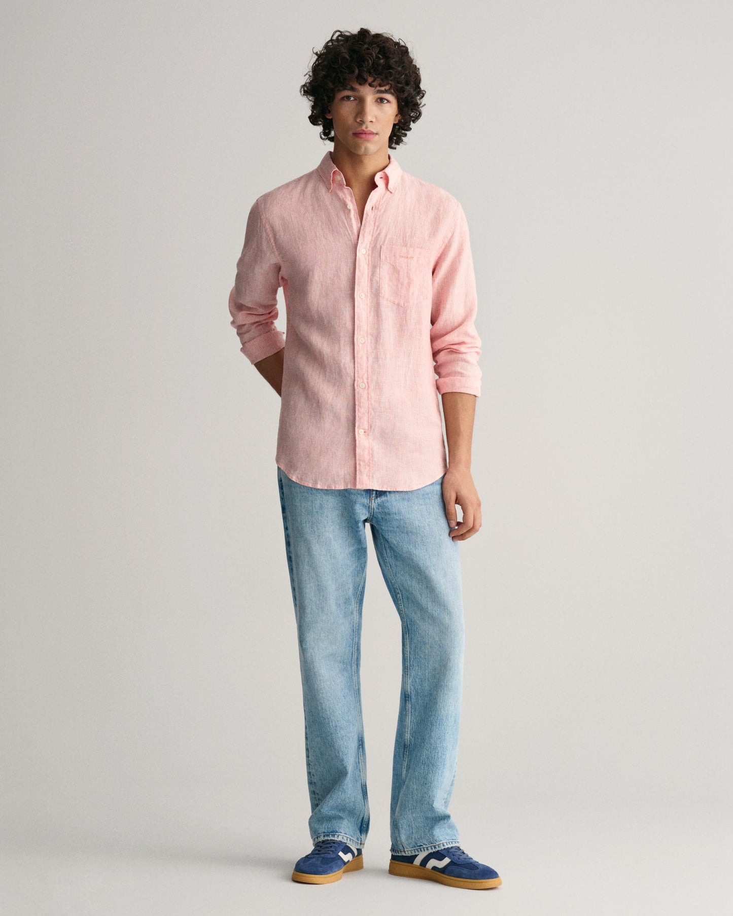 Chemise rayée en lin coupe classique pour homme - ROSE PÊCHE 