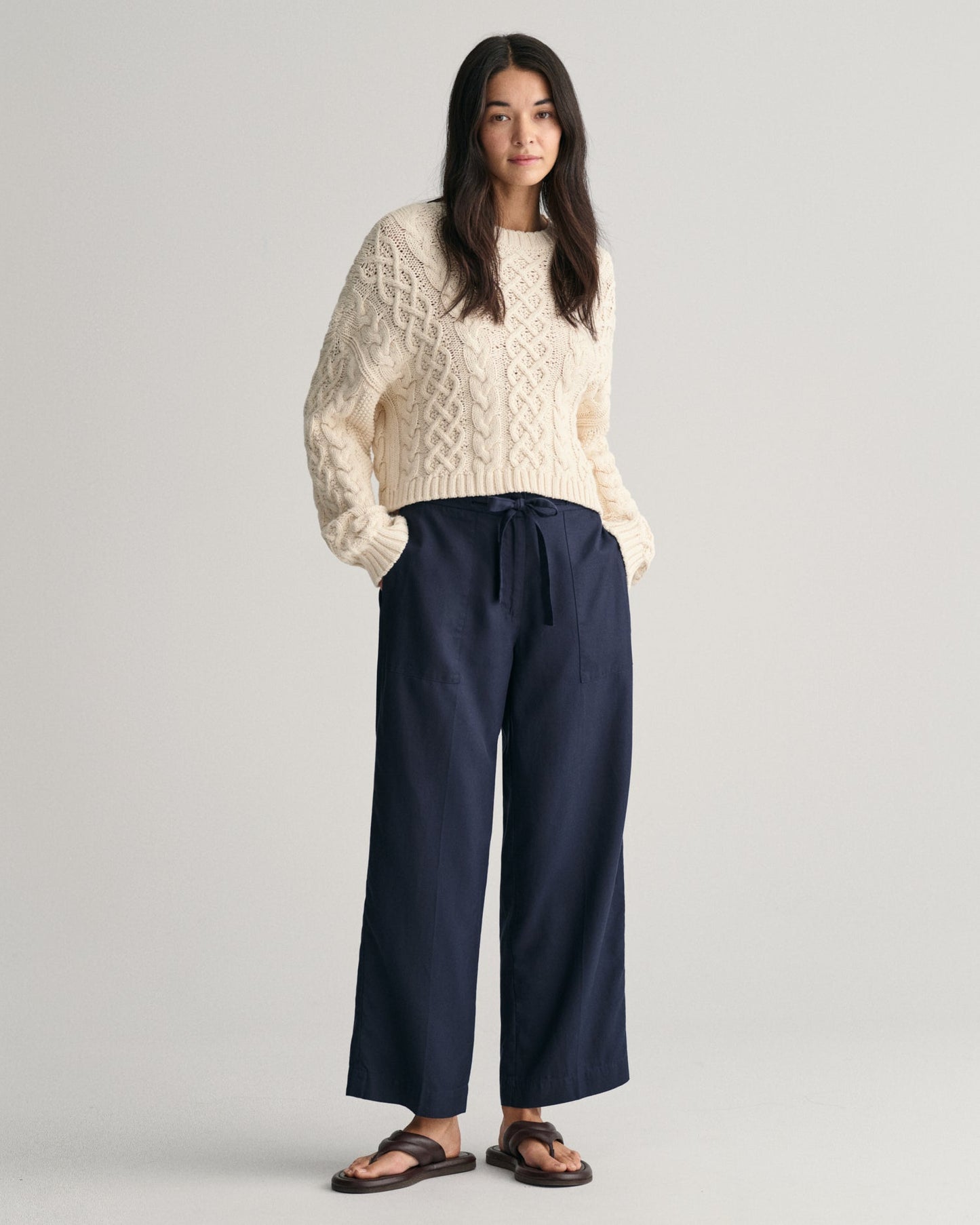 Pantalon décontracté à taille nouée pour femme - BLEU SOIR 
