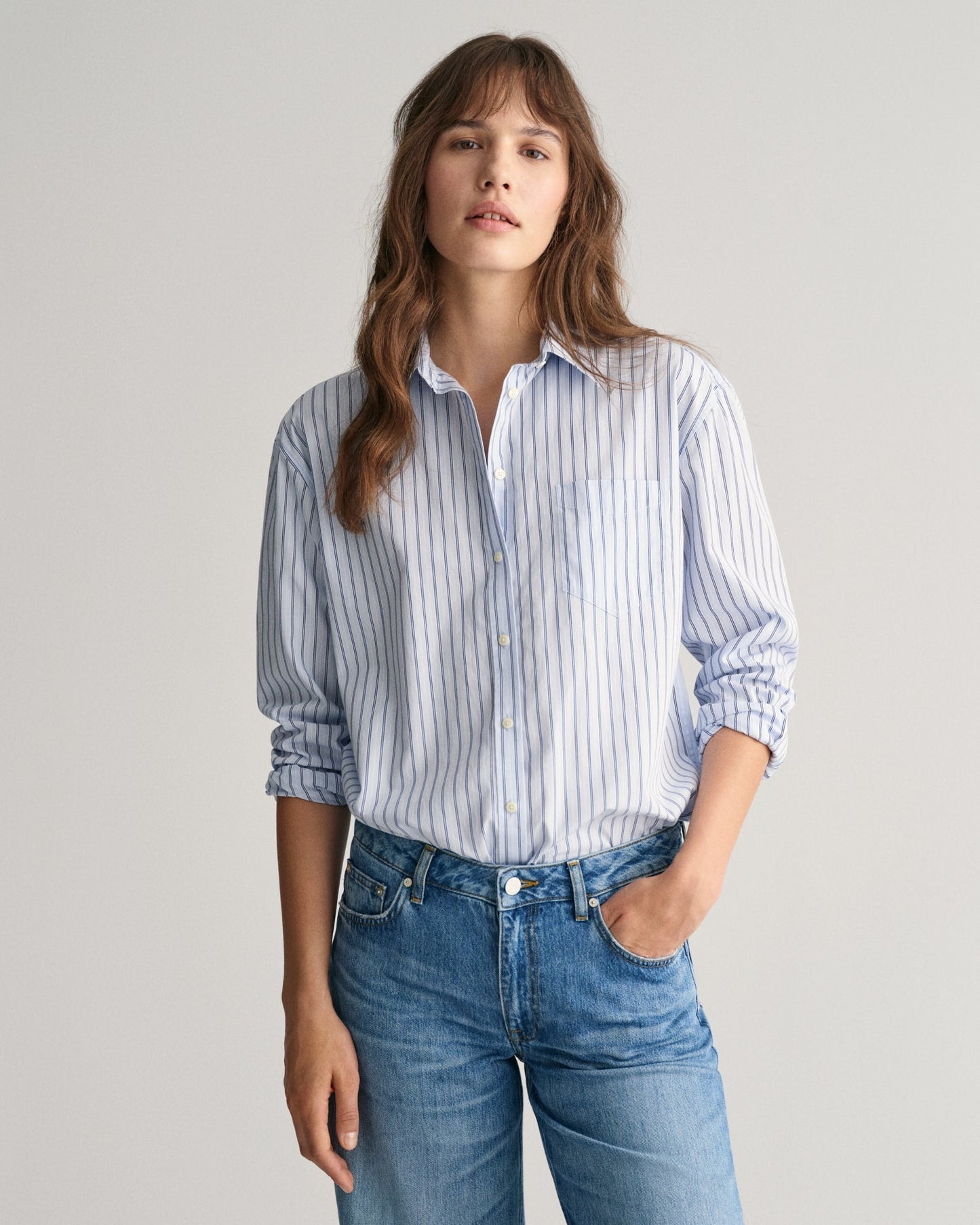 Women's Relaxed Fit Striped Poplin Shirt - COLLEGE BLUE
