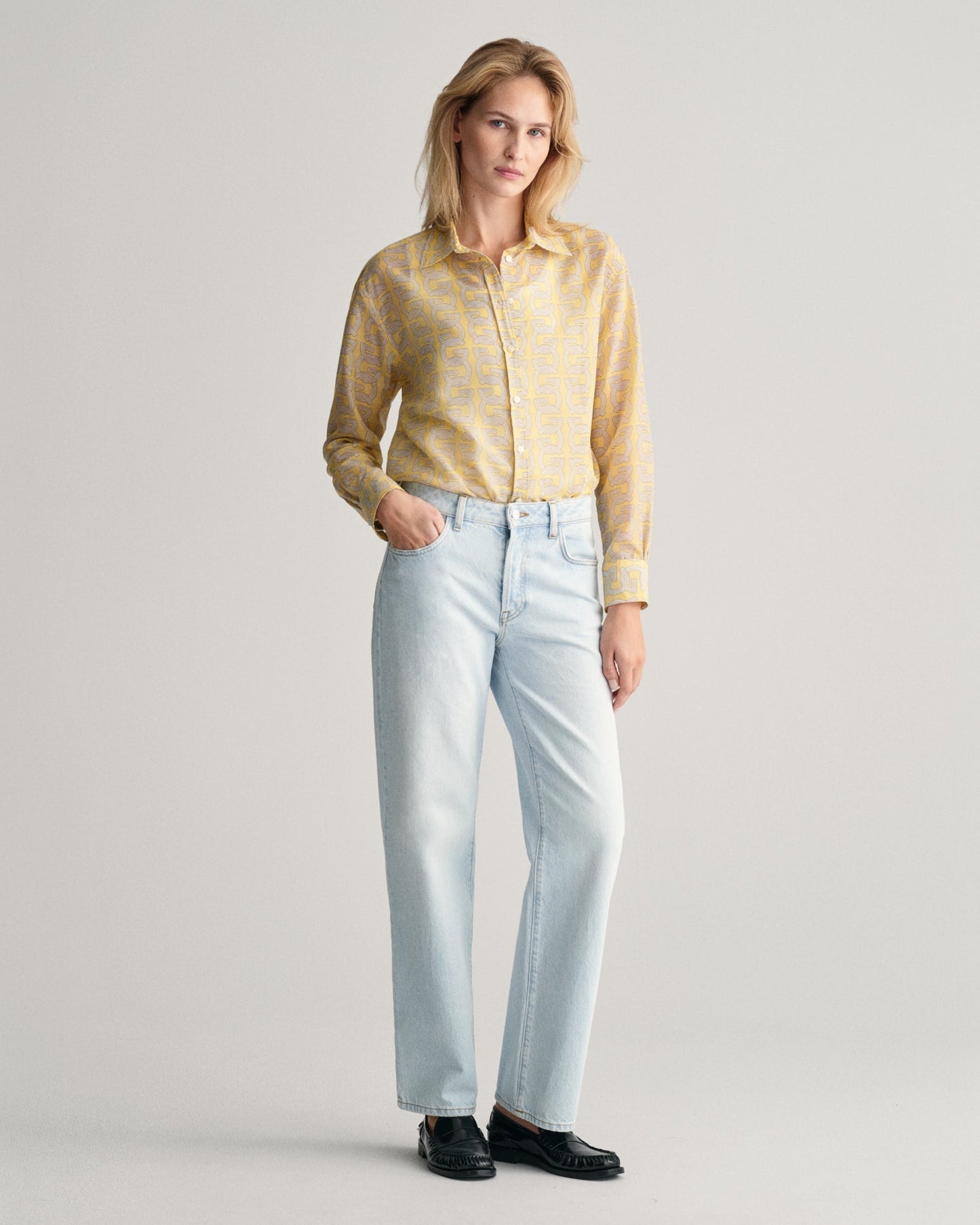 Chemise décontractée en coton et soie à motif G pour femme - Jaune poudré 