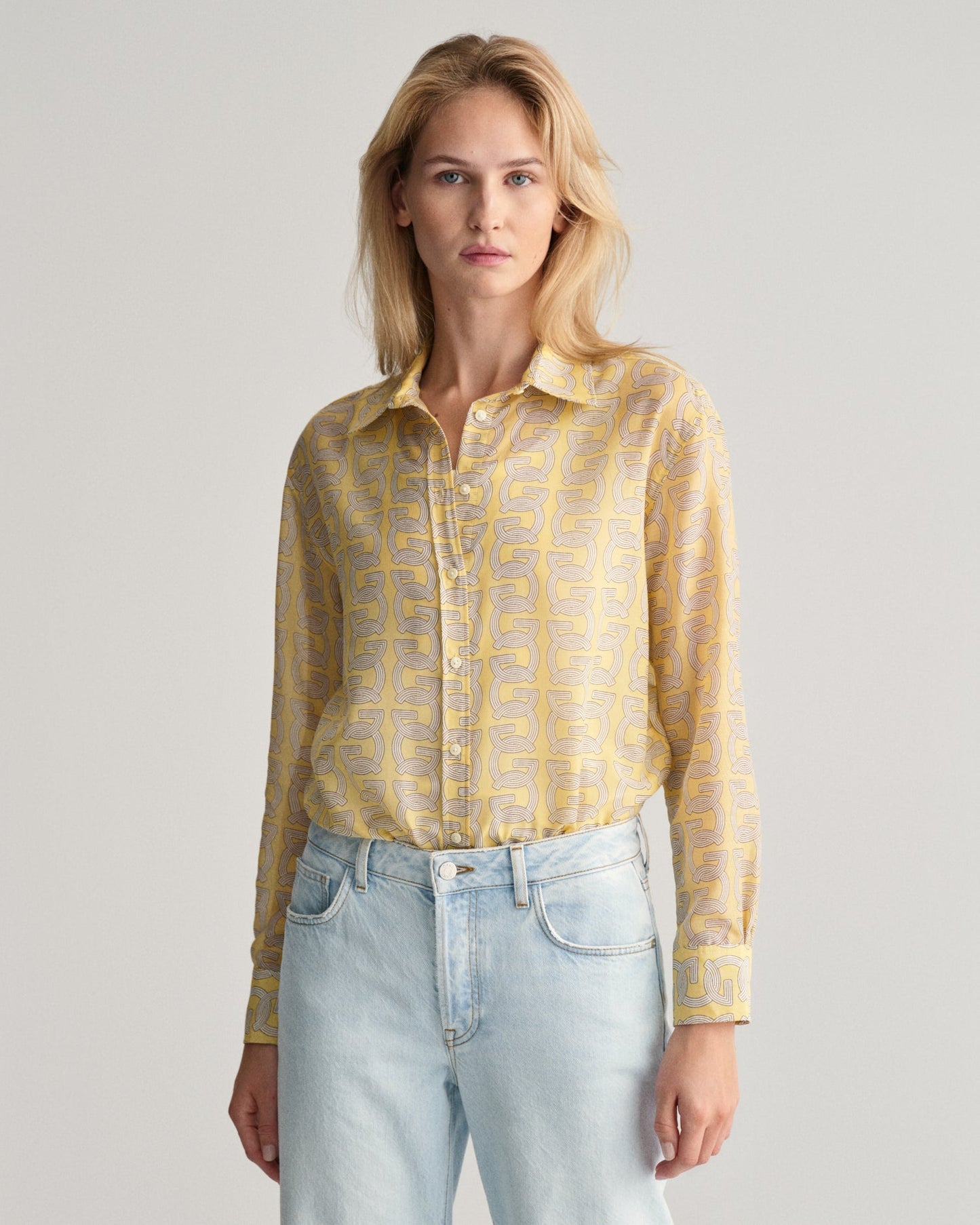 Chemise décontractée en coton et soie à motif G pour femme - Jaune poudré 
