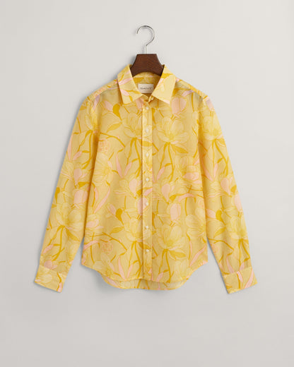 Chemise femme coupe classique en coton et soie à imprimé magnolia - Jaune poudré 