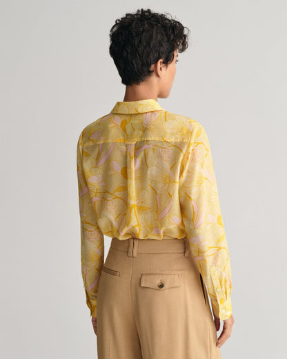 Chemise femme coupe classique en coton et soie à imprimé magnolia - Jaune poudré 
