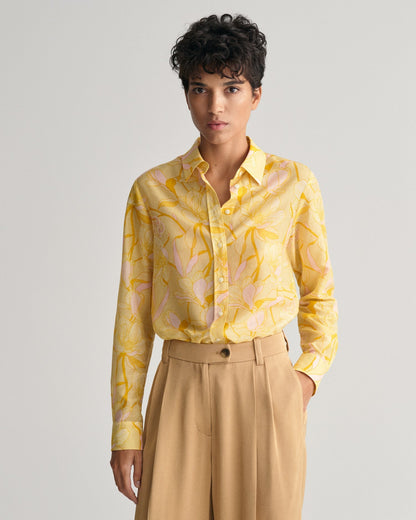 Chemise femme coupe classique en coton et soie à imprimé magnolia - Jaune poudré 