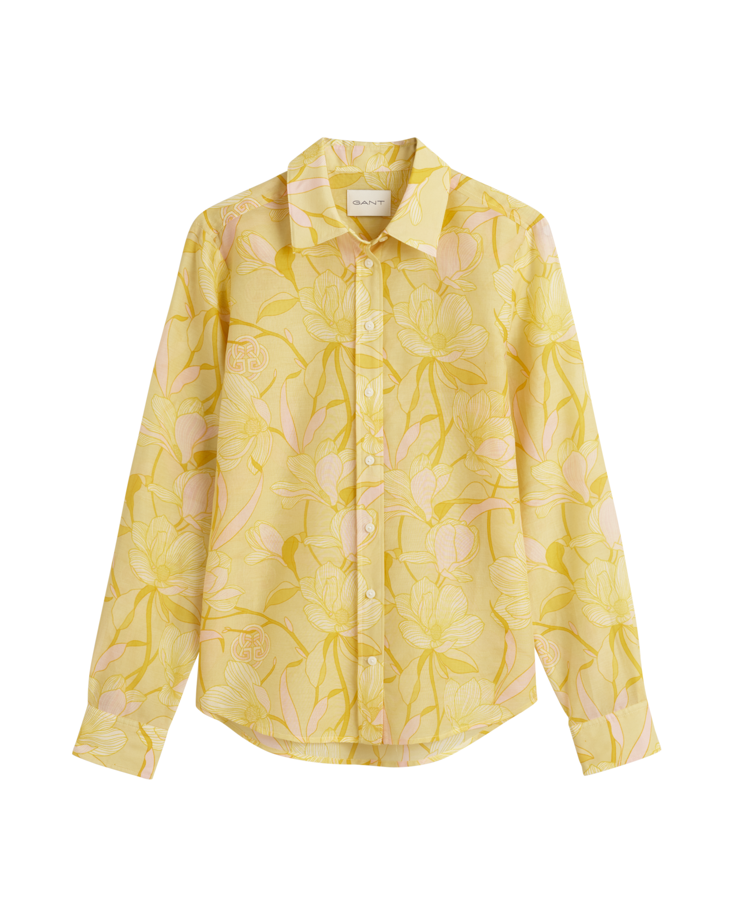 Chemise femme coupe classique en coton et soie à imprimé magnolia - Jaune poudré 