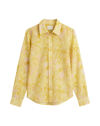 Chemise femme coupe classique en coton et soie à imprimé magnolia - Jaune poudré 
