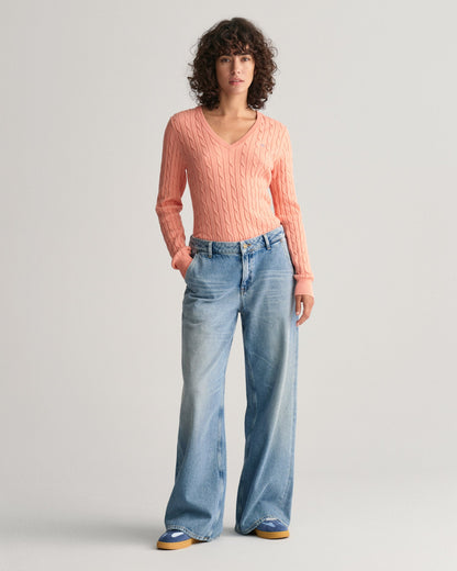 Women's Stretch Cotton Cable Knit V-Neck Sweater - PEACHY PINK