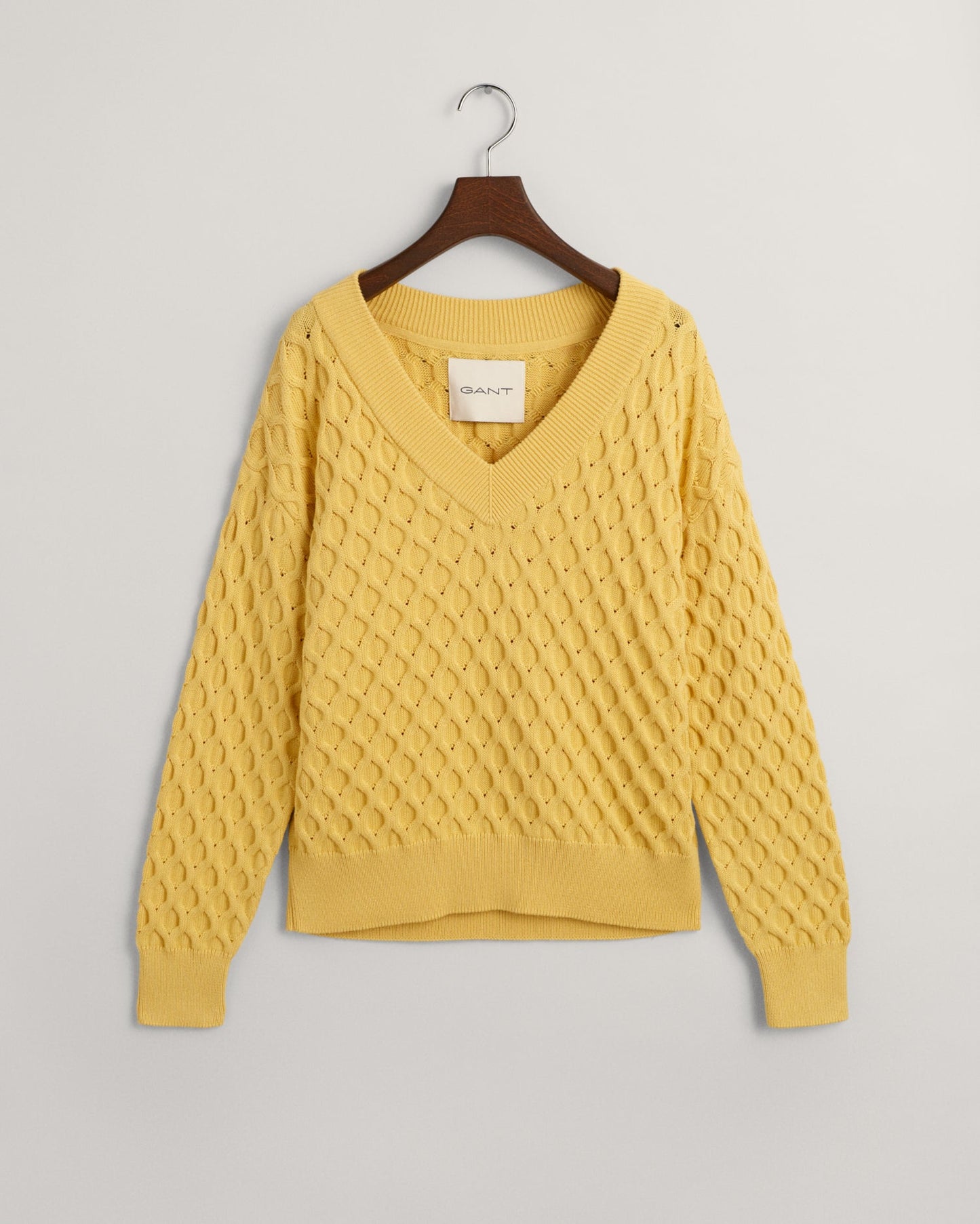 Pull col V en tricot texturé pour femme - Jaune poudré 