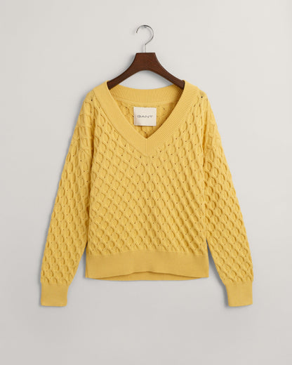 Pull col V en tricot texturé pour femme - Jaune poudré 