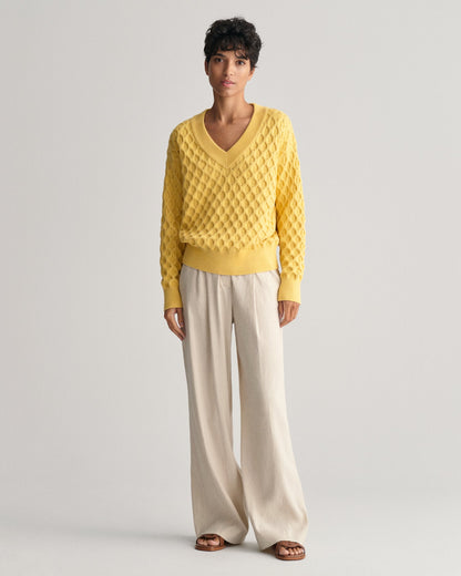 Pull col V en tricot texturé pour femme - Jaune poudré 