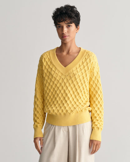 Pull col V en tricot texturé pour femme - Jaune poudré 
