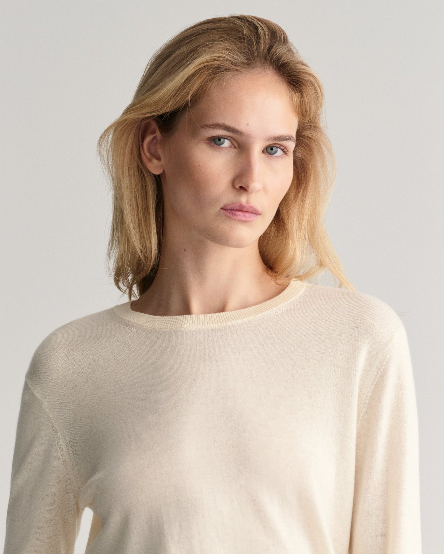 Pull ras du cou en maille fine pour femme - CRÈME 