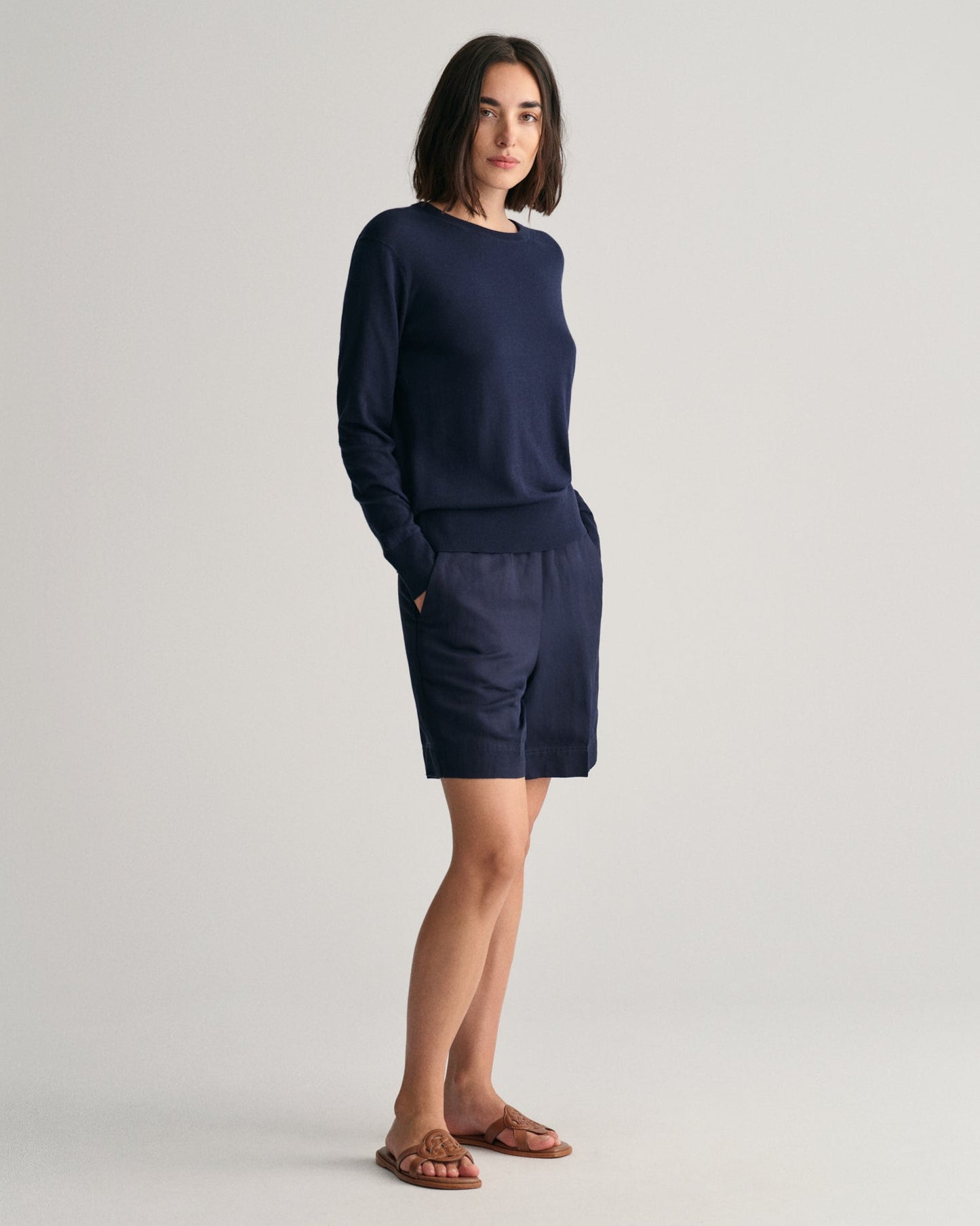 Feinstrickpullover mit Rundhalsausschnitt für Damen – ABENDBLAU 