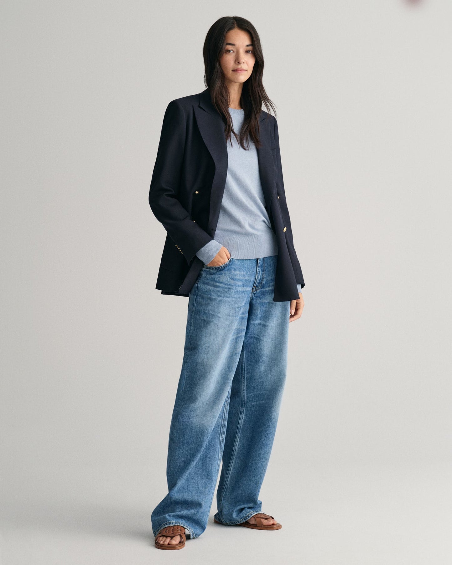 Feinstrickpullover mit Rundhalsausschnitt für Damen – TAUBENBLAU 