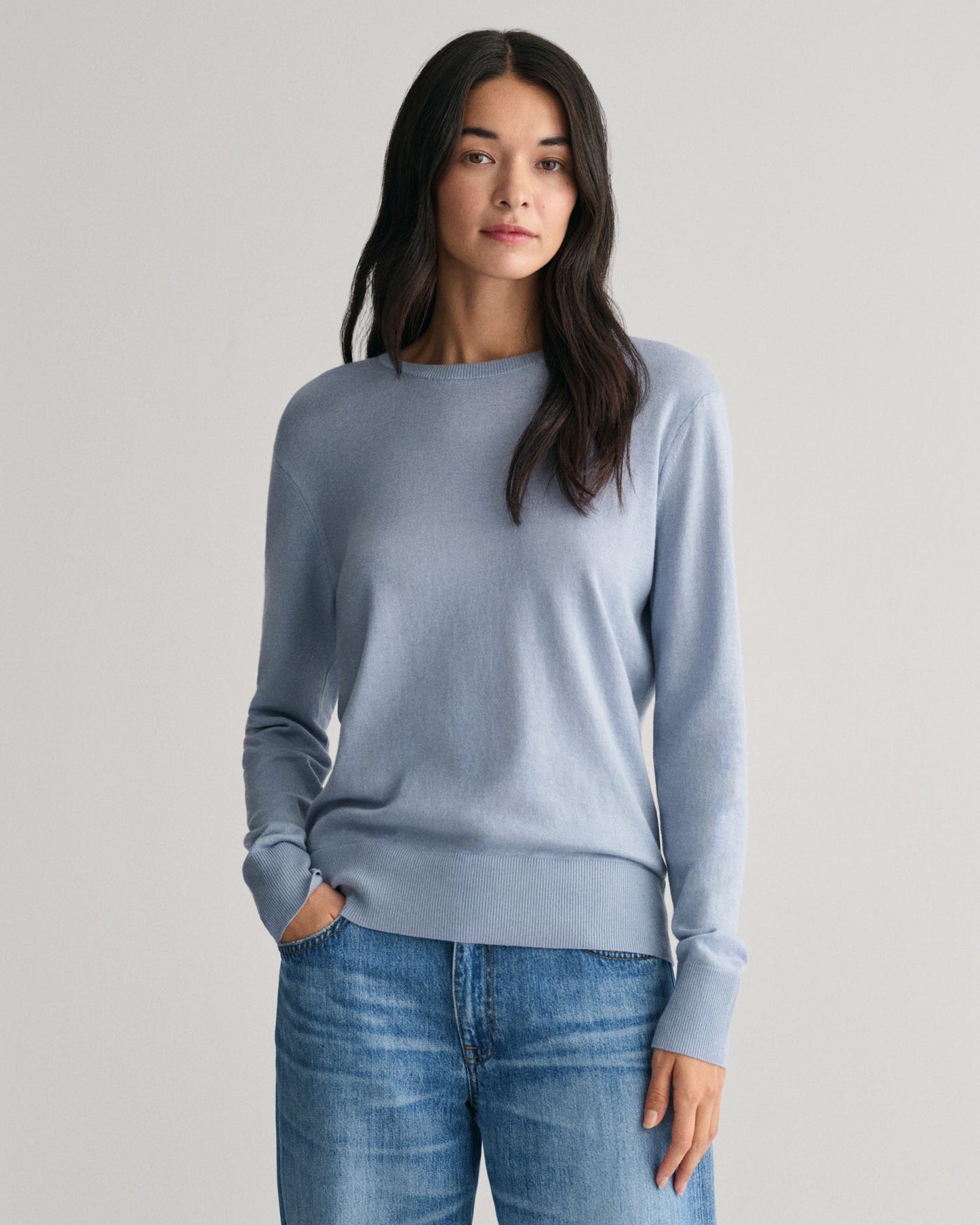 Feinstrickpullover mit Rundhalsausschnitt für Damen – TAUBENBLAU 