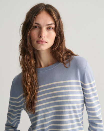 Pull ras du cou rayé en maille fine pour femme - BLEU COLOMBE 