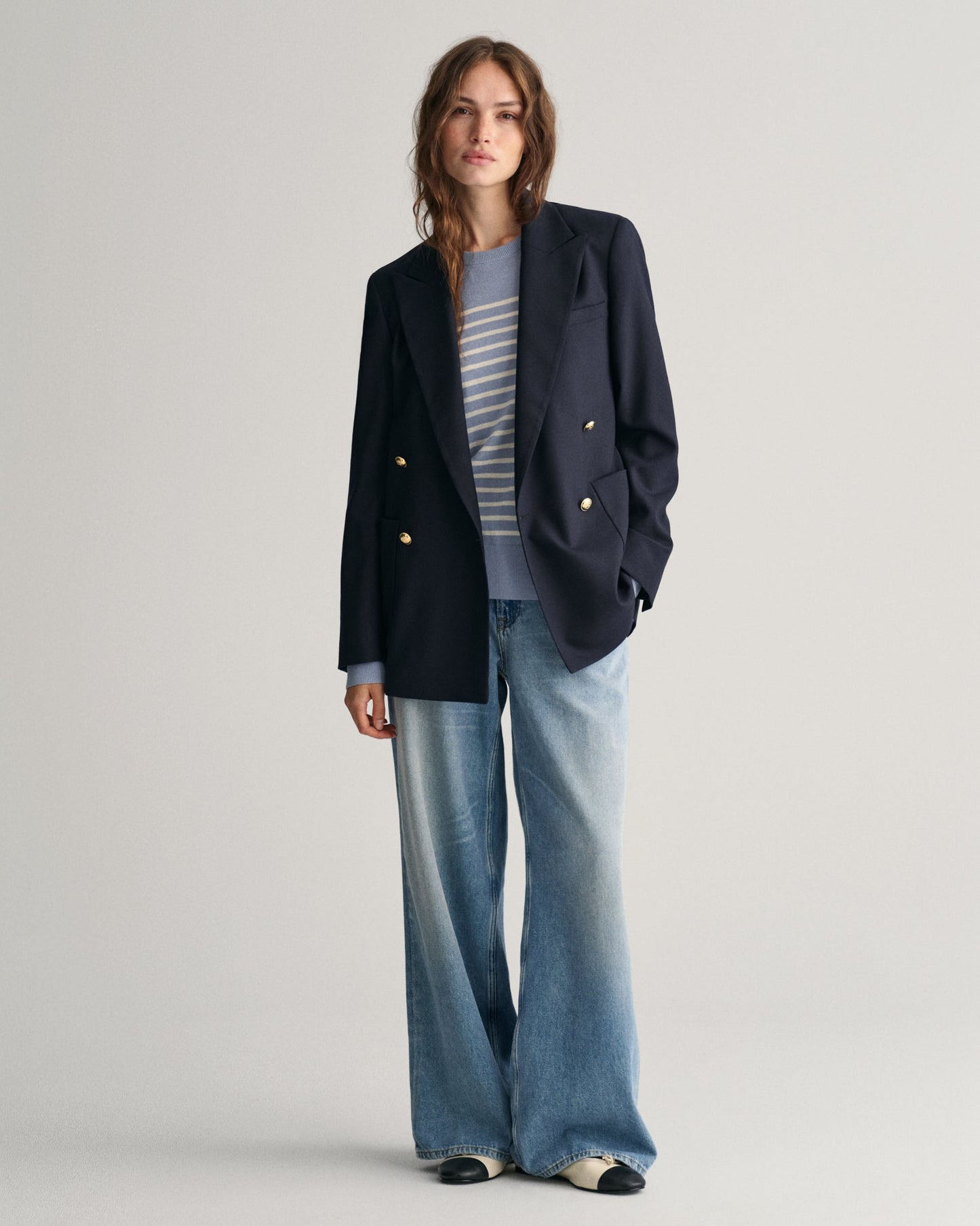 Pull ras du cou rayé en maille fine pour femme - BLEU COLOMBE 