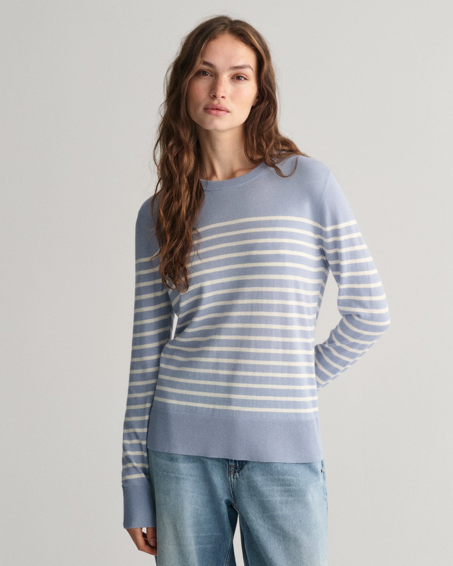 Pull ras du cou rayé en maille fine pour femme - BLEU COLOMBE 