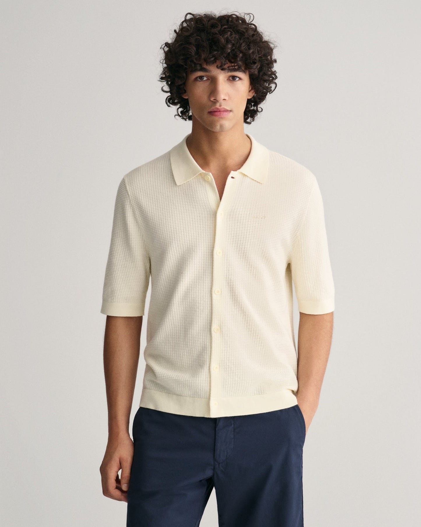 Chemise à manches courtes en tricot texturé pour homme - CRÈME 