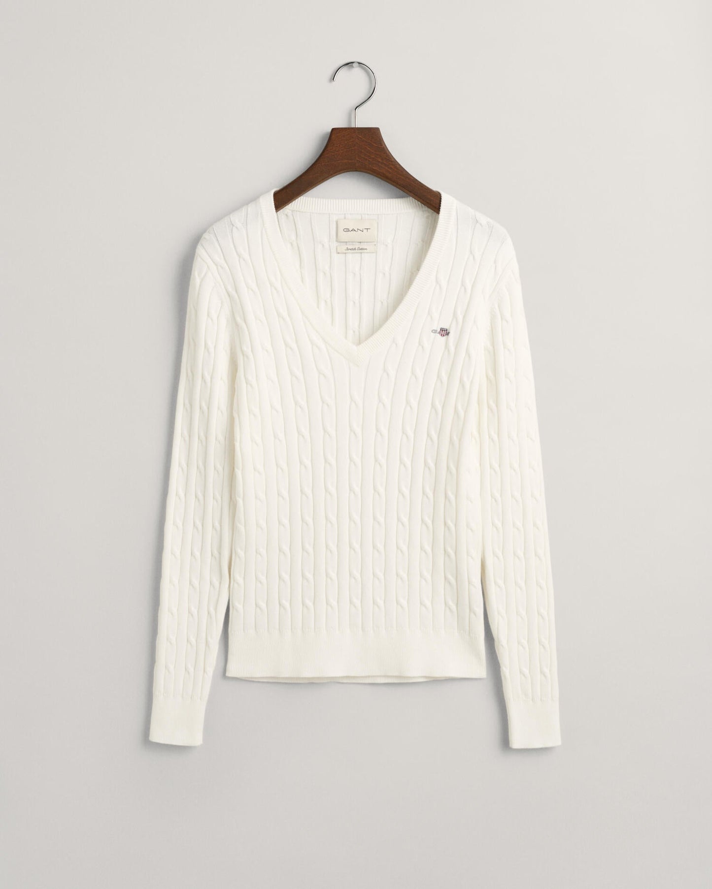 Pull col V en maille torsadée en coton extensible pour femme - EGGSHELL 