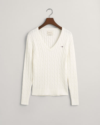 Pull col V en maille torsadée en coton extensible pour femme - EGGSHELL 