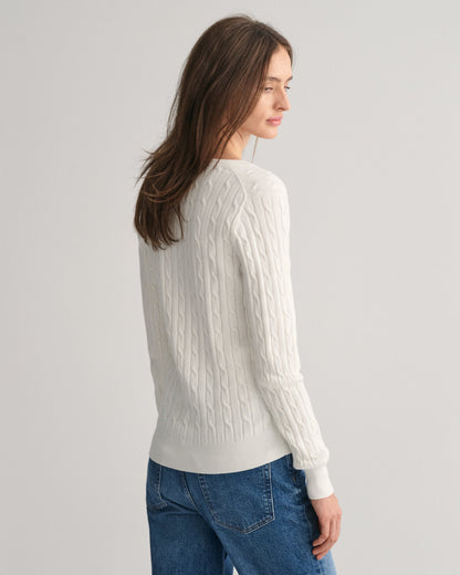 Pull col V en maille torsadée en coton extensible pour femme - EGGSHELL 