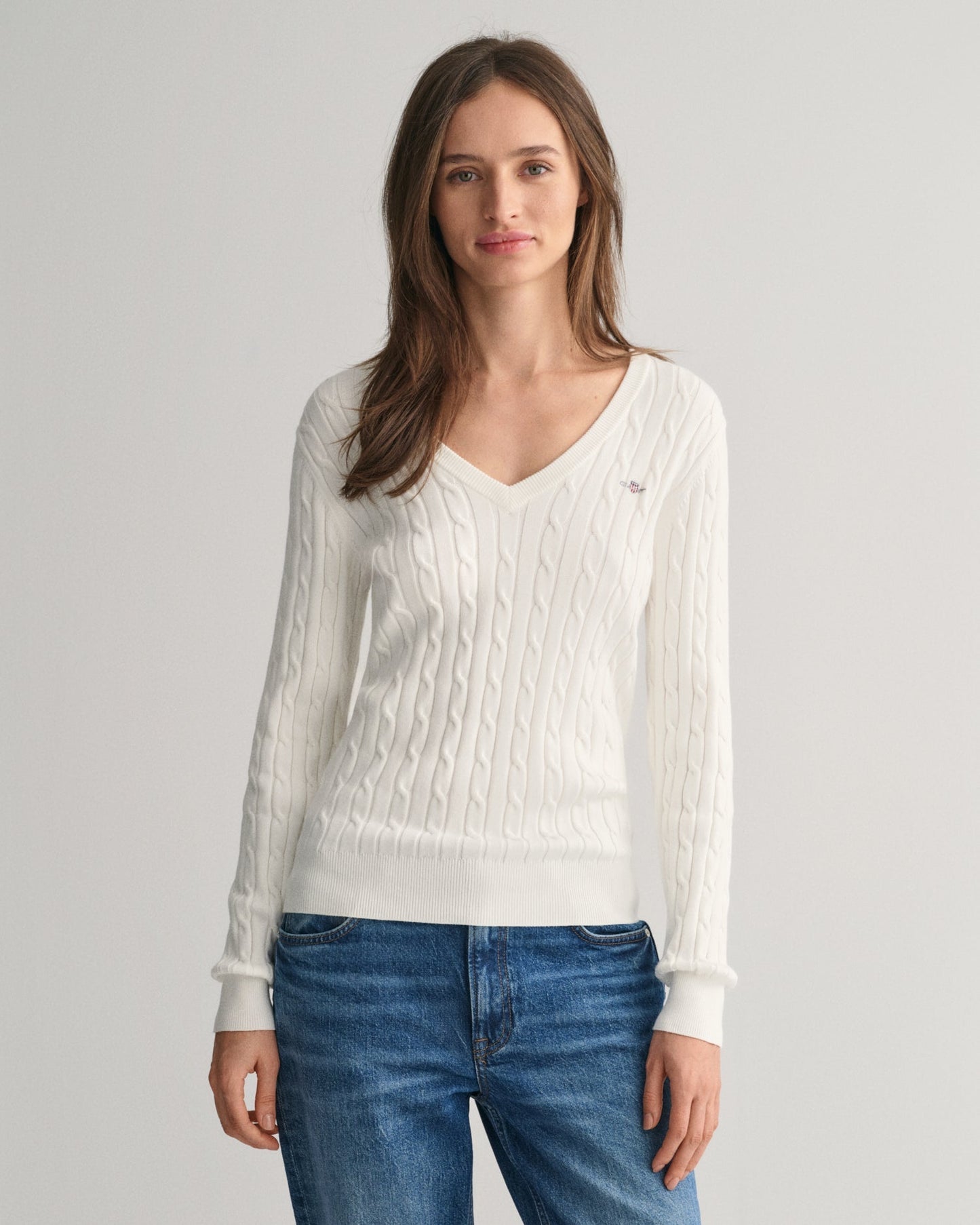 Pull col V en maille torsadée en coton extensible pour femme - EGGSHELL 