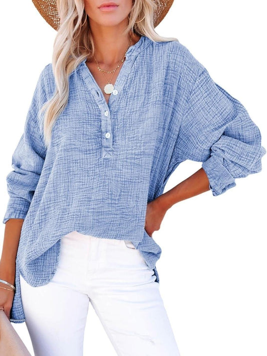 🔥Best-1 Tops 2025🔥Women Casual Button V Neck Long Sleeve Shirts Oversized Solid Blouses Tops