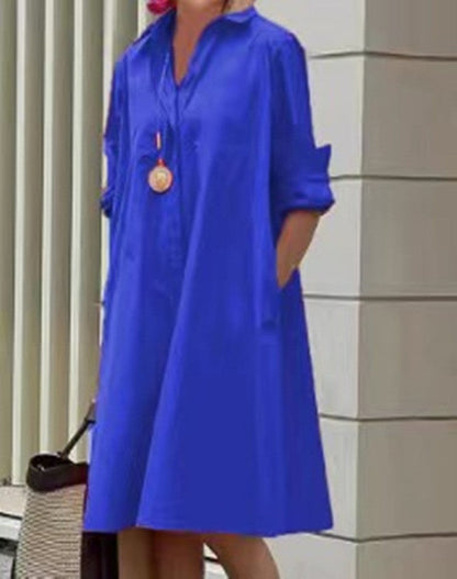 Robe mi-longue à manches longues et col chemise pour femme, nouvelle collection été 2025, avec poches 