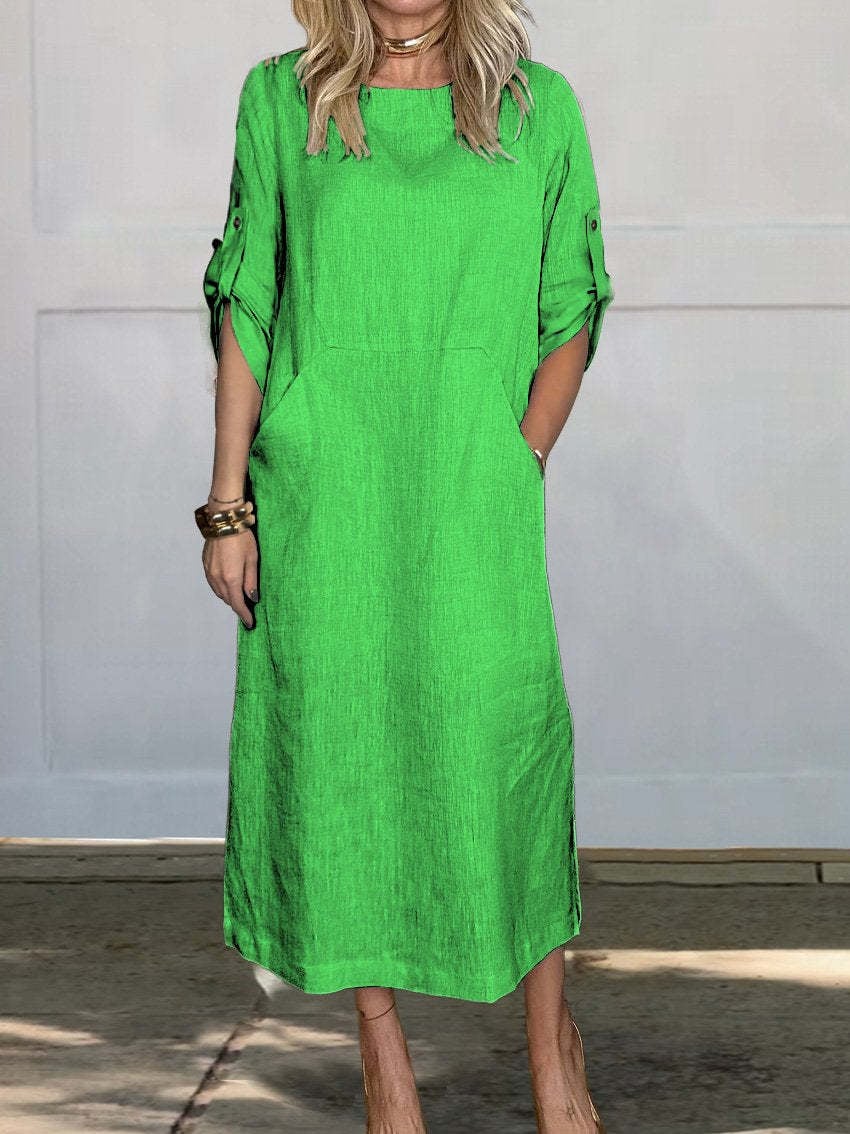 🔥HOT SALE🔥Women Summer Solid Color Linen Cotton Casual Double Side Pocket Dress(BUY 2 FREE SHIPPING)