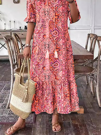 Paisley Bohemian Long Length Vintage Print Tassel Tie Neck Tunic Dress - Elegant Vacation Style with Drawstring, Ruffle Hem, and Random Printing