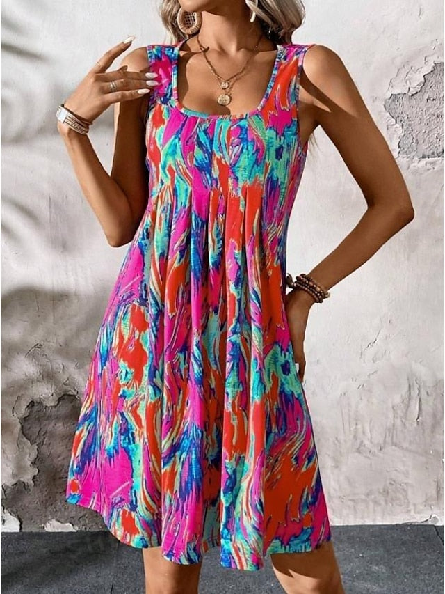 Women's Tank Dress Tie Dye Pleated Square Neck Mini Dress Stylish Casual Daily Vacation Sleeveless Summer