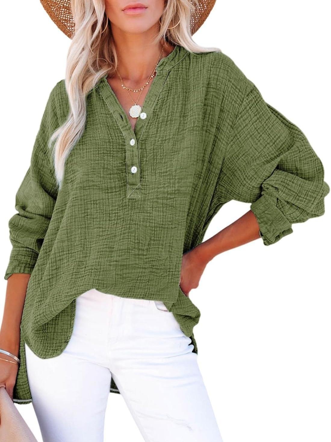🔥Best-1 Tops 2025🔥Women Casual Button V Neck Long Sleeve Shirts Oversized Solid Blouses Tops