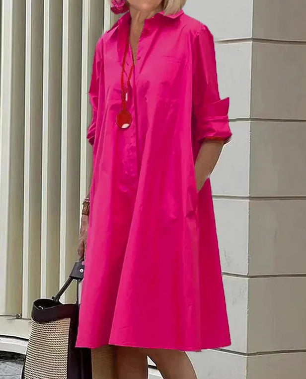 Robe mi-longue à manches longues et col chemise pour femme, nouvelle collection été 2025, avec poches 