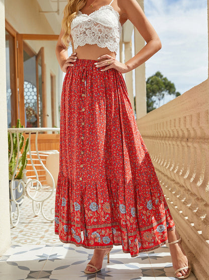 Women's Summer 2025 Boho Floral Elastic High Waist Midi Skirts