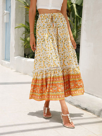 Damen Sommer Boho Blumenmuster Elastischer Strandrock mit hoher Taille