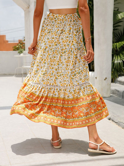 Damen Sommer Boho Blumenmuster Elastischer Strandrock mit hoher Taille