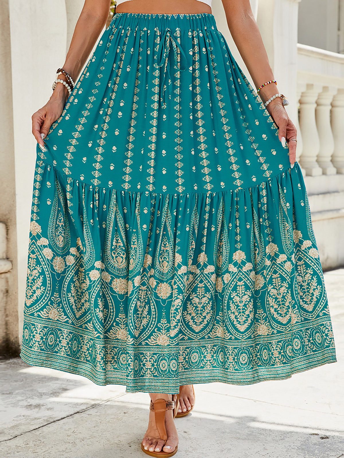 🔥Heute bis zu 69 % Rabatt🔥Damen-Maxiröcke mit Falten, A-Linie, Boho-Blumenmuster, elastisch, hohe Taille