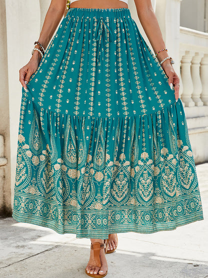 Jupes mi-longues taille haute style bohème fleuri pour femme, été 2025