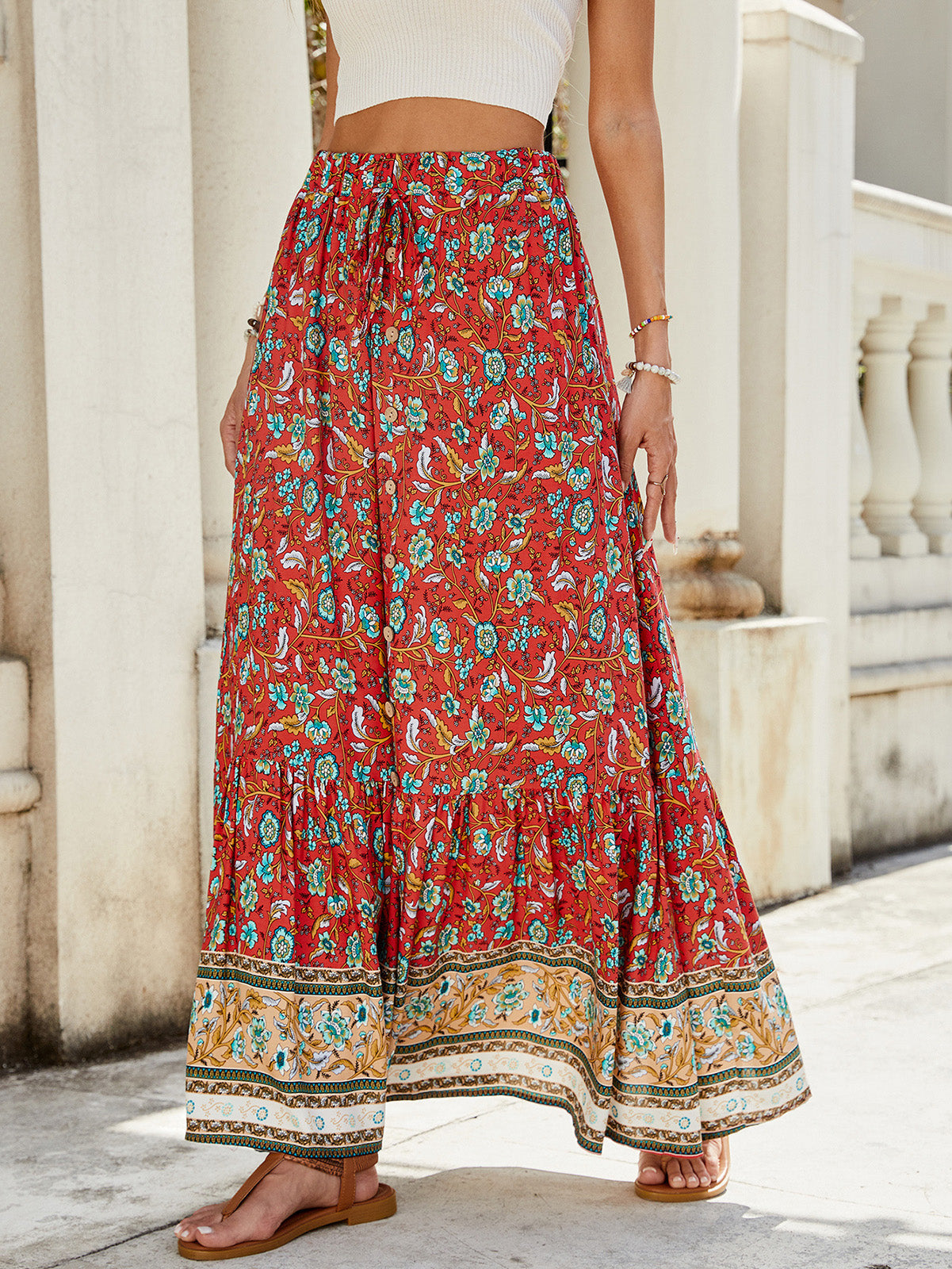 🔥Heute bis zu 69 % Rabatt🔥Damen-Maxiröcke mit Falten, A-Linie, Boho-Blumenmuster, elastisch, hohe Taille